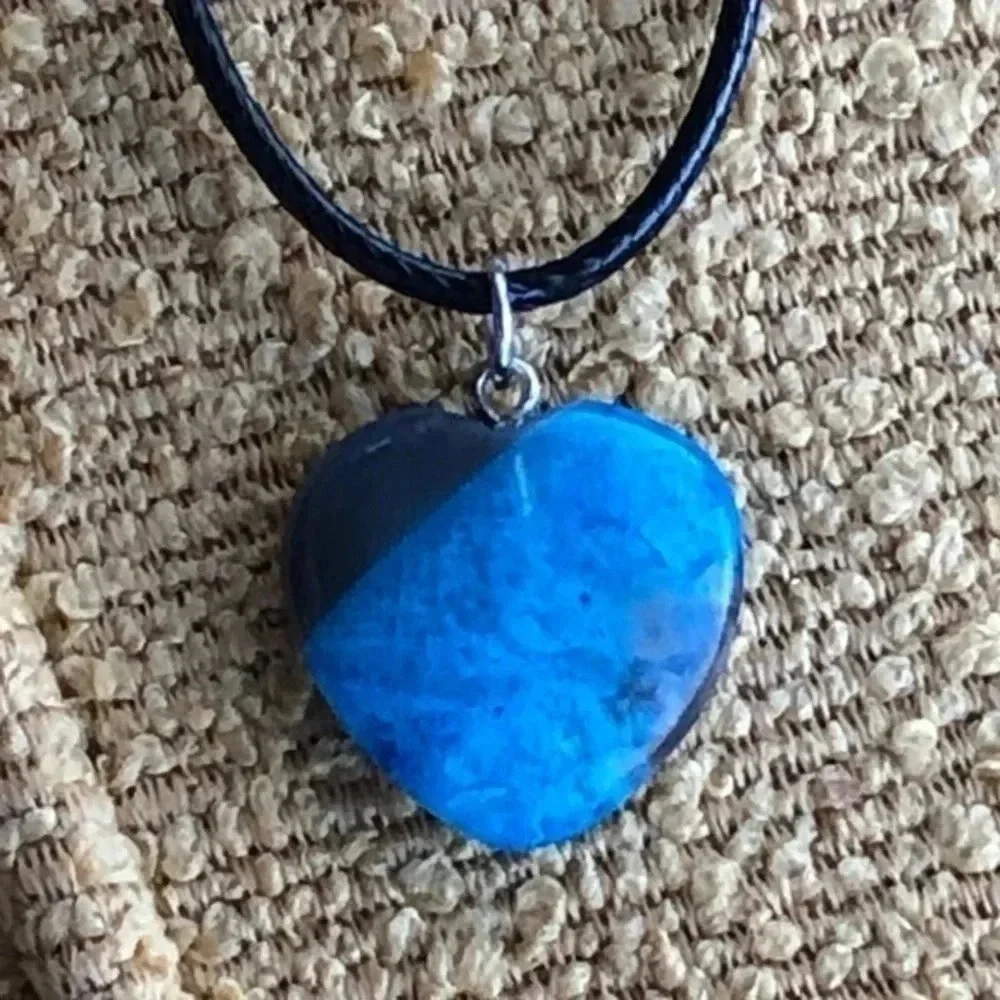 Blue & Gray Dragon Vein Heart Black Waxed Cord Necklace Handmade New NWT